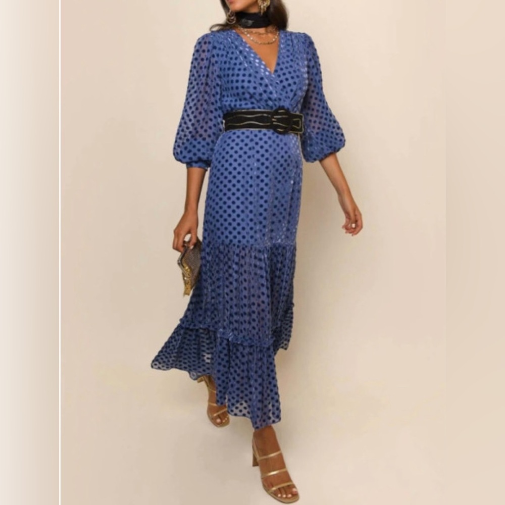 RIXO Elsie - Steel Blue Spot Dress